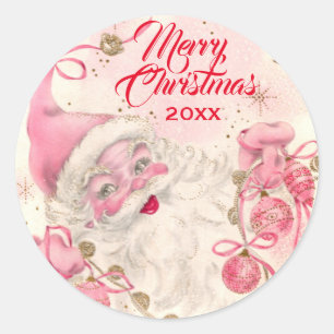 Vintage Retro Pink Santa Clause Christmas Holiday  Classic Round Sticker