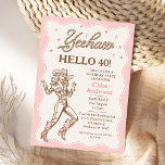 Vintage Retro Pink Yeehaw Cowgirl 40th Birthday Invitation<br><div class="desc">Vintage Retro Pink Yeehaw Cowgirl 40th Birthday Invitation

Pink and brown cowgirl or western themed 40th birthday invitation featuring a line cowgirl image,  rope style text,  stars and scalloped border.  This hello 40 cowgirl birthday invitation is ideal for a western 40th birthday but can be used for any age.</div>