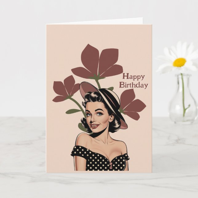 Vintage Retro pinup girl & flowers,Photo Birthday  Card (Small Plant)