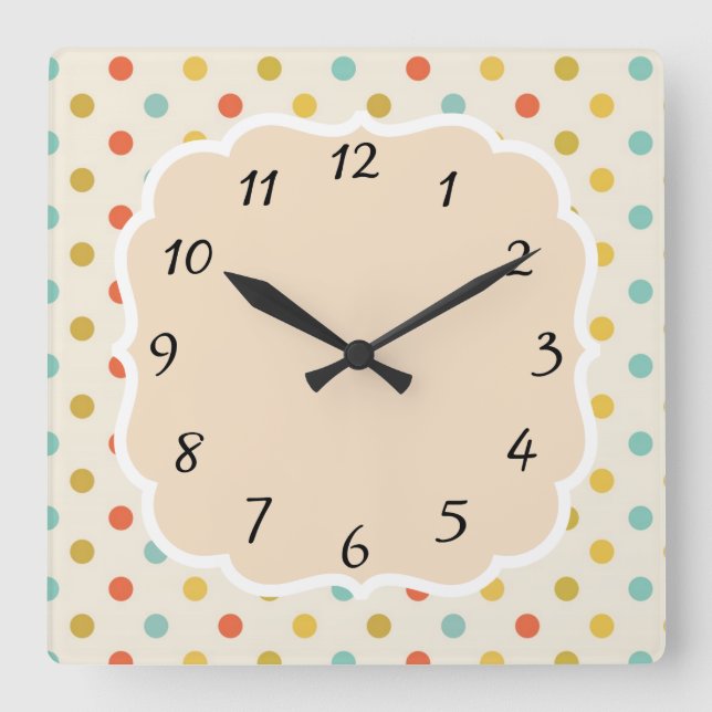 Vintage Retro Polka Dot Square Wall Clock (Front)