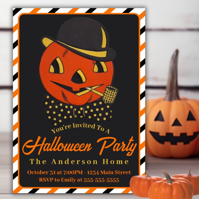 Vintage Retro Pumpkin Man with Pipe Halloween Invitation (Vintage Retro Pumpkin Man with Pipe Halloween Invitation)