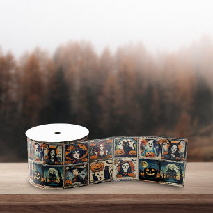 Vintage Retro Pumpkin Witch Halloween Pattern Grosgrain Ribbon