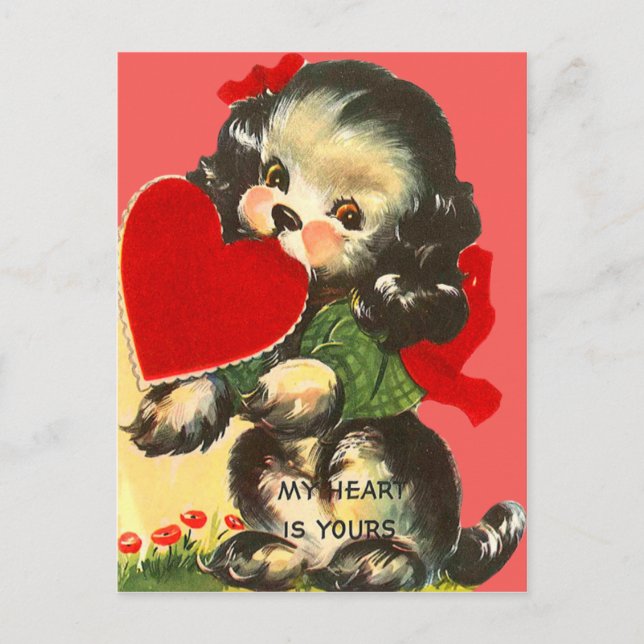 Vintage Retro Puppy With Heart Valentine Card (Front)