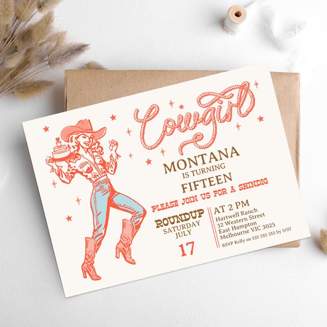 Vintage Retro Red Any Age Cowgirl Birthday  Invitation (Cowgirl Birthday Invitation, Any Age, Vintage Retro Cowgirl Birthday Invitation, Rodeo Western Wild)