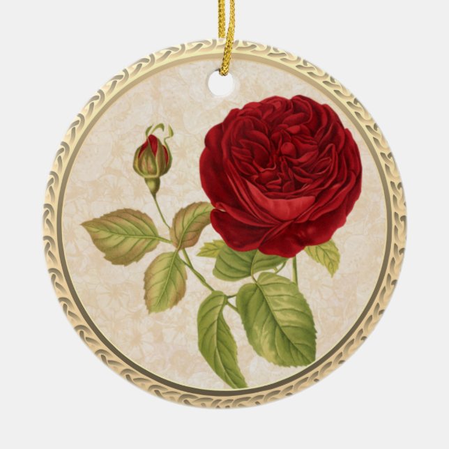 Vintage Retro Red Rose Christmas Ceramic Ornament (Front)