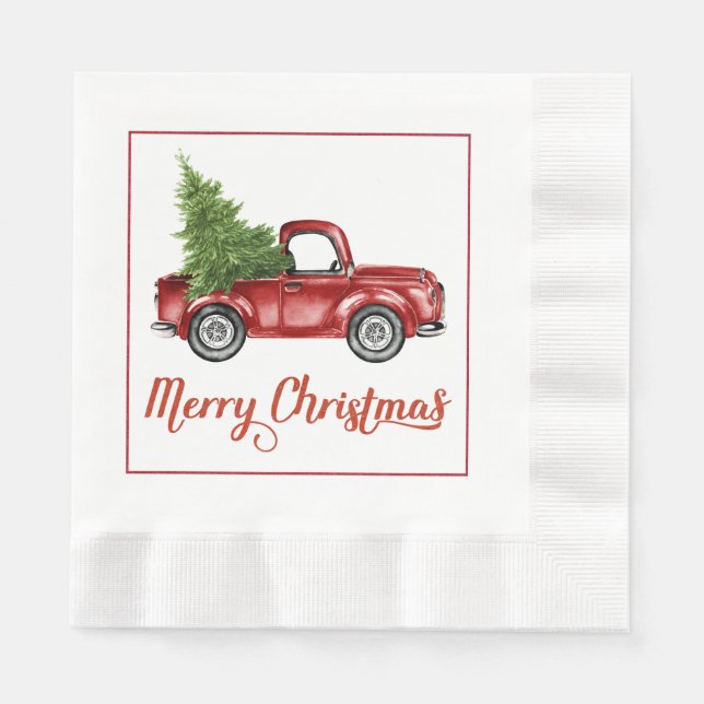 Vintage Retro Red Truck Christmas Paper Napkins (Front)