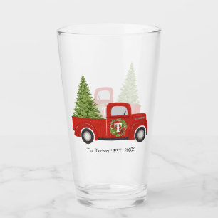 Vintage Retro Red Truck Christmas Tree Monogram Glass