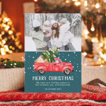 Vintage retro red truck Christmas tree teal photo Holiday Card<br><div class="desc">Merry Christmas! Vintage retro red truck watercolor illustration and green Christmas tree with white snow on dark teal green,  add 1 photo. Perfect winter and holidays card.</div>