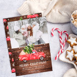 Vintage retro red truck Christmas tree wood photo Holiday Card<br><div class="desc">Merry Christmas! Vintage retro red truck watercolor illustration and green Christmas tree with white snow on rustic brown wood, add 1 photo. Perfect winter and holidays card.</div>