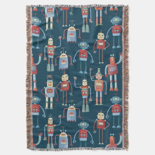 Vintage Retro Robot Pattern Dark Throw Blanket (Front Vertical)