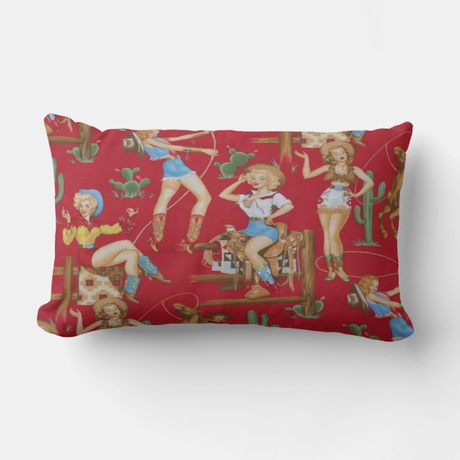 Vintage Retro Rodeo Cowgirls Red MoJo Throw Pillow (Front)