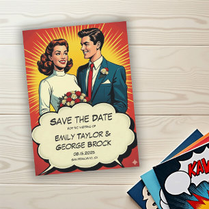 Vintage Retro Romantic Couple Comic Style Wedding Save The Date