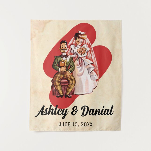 Vintage Retro Romantic Just Married Couple Wedding Tapestry (Front)