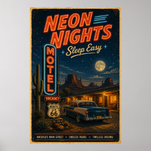 Vintage Retro Route 66 Neon Motel Night Landscape Poster