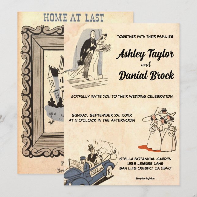 Vintage Retro Rustic Old Romantic Comic Wedding Invitation (Front/Back)