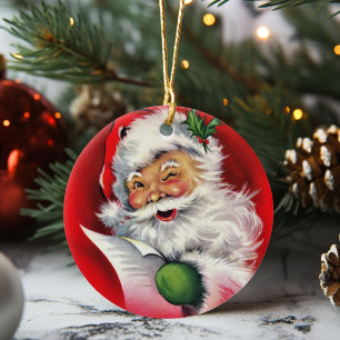 Vintage Retro Santa Checking His List Ceramic Ornament