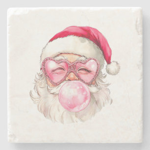 Vintage Retro Santa Christmas Bubble Gum Pink Sung Stone Coaster