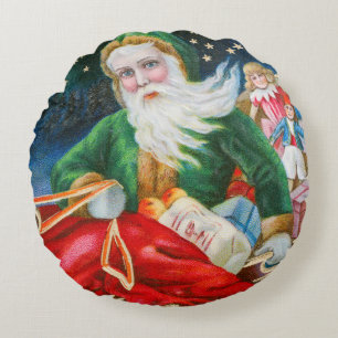 Vintage Retro Santa Claus Christmas Postcard Round Pillow