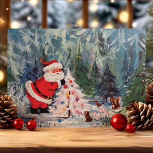 Vintage Retro Santa Claus Forest Animals Christmas Holiday Card