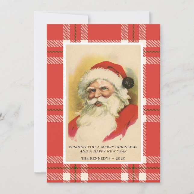Vintage Retro Santa | Red Plaid Christmas Card  (Front)
