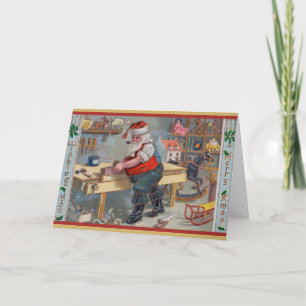 Vintage Retro Santa's Christmas Toy Workshop Holiday Card