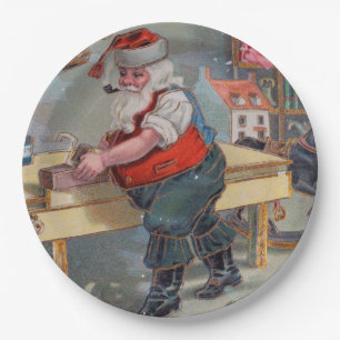 Vintage Retro Santa's Christmas Toy Workshop Paper Plate