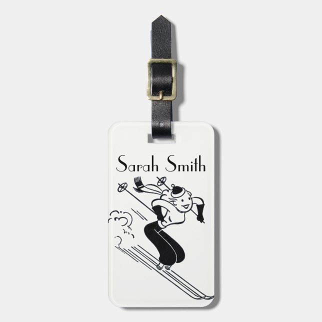 Vintage/Retro Ski Lady Personalized Luggage Tag (Front Vertical)