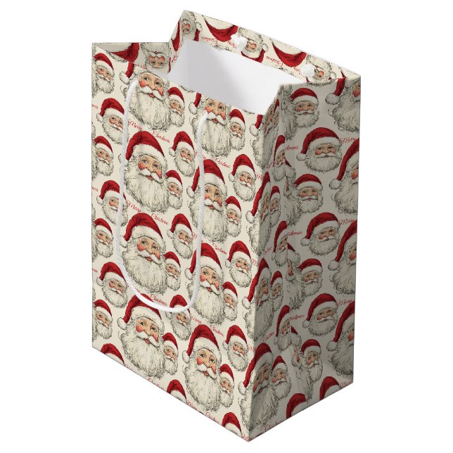 Vintage Retro Smiling Santa Face Medium Gift Bag (Front Angled)