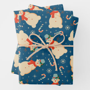 Vintage Retro Snowman and Candy Cane Blue  Wrapping Paper Sheet