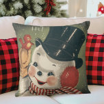 Vintage Retro Snowman Christmas Throw Pillow<br><div class="desc">This adorable vintage pillow features a jolly mid-century snowman in black top hat and red and white striped scarf with a cute little red bird perched on his mittened hand.</div>