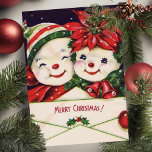 Vintage Retro Snowman Couple Custom Christmas Holiday Card<br><div class="desc">This adorable vintage Christmas card features a cute snowman couple in festive holiday hats and scarfs,  holding an envelope that says 'Merry Christmas'.  Personalize by customizing the message on the back and/or adding your name(s).</div>