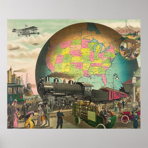 Vintage Retro Steampunk World Globe Transport Poster