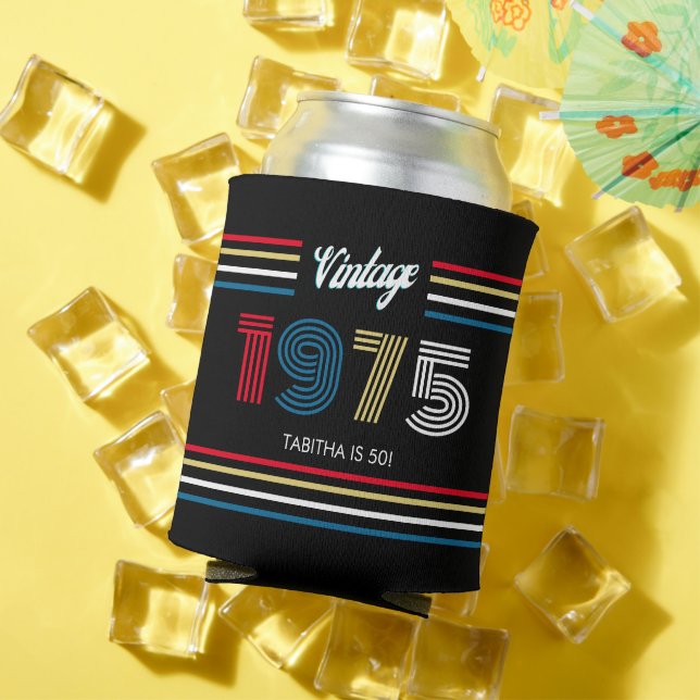 Vintage Retro Stripe 1975 Primary Colours Can Cooler (In Situ Summer)