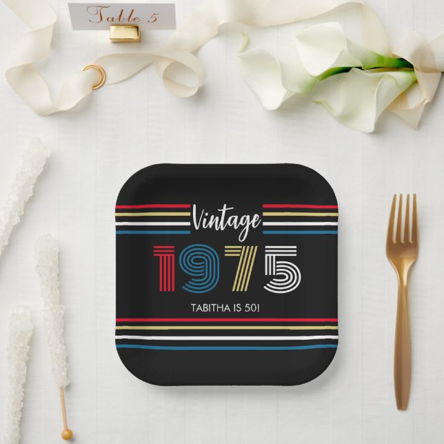 Vintage Retro Stripe 1975 Primary Colours Paper Plate (Wedding)