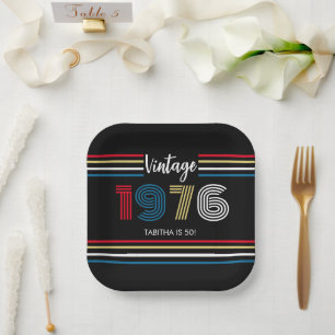 Vintage Retro Stripe 1976 Colourful 50th Birthday Paper Plate