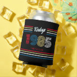 Vintage Retro Stripe Primary Colours 1985 Can Cooler<br><div class="desc">.: 1985- This design is bold and BRIGHT and features primary colours and white popping against a black background. You may change any of the text including the year, name and age, or you may put in a custom statement as well. Retro stripes in bright primary colours are too fun...</div>