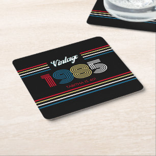 Vintage Retro Stripe Primary Colours Square Paper Coaster