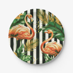 Vintage Retro Stripes Flamingo Paper Plate