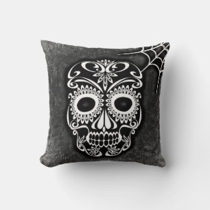 Vintage Retro Style Skull & Crossbones Cobweb Throw Pillow