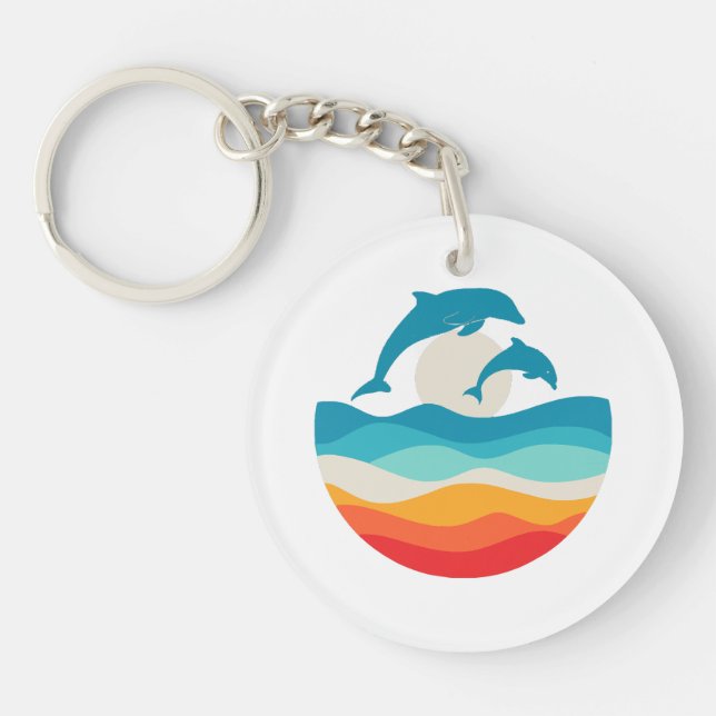 Vintage Retro Summer Time Beach Dolphin  Keychain (Front)