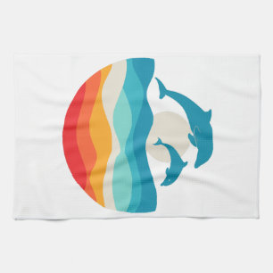 Vintage Retro Summer Time Beach Dolphin Kitchen Towel