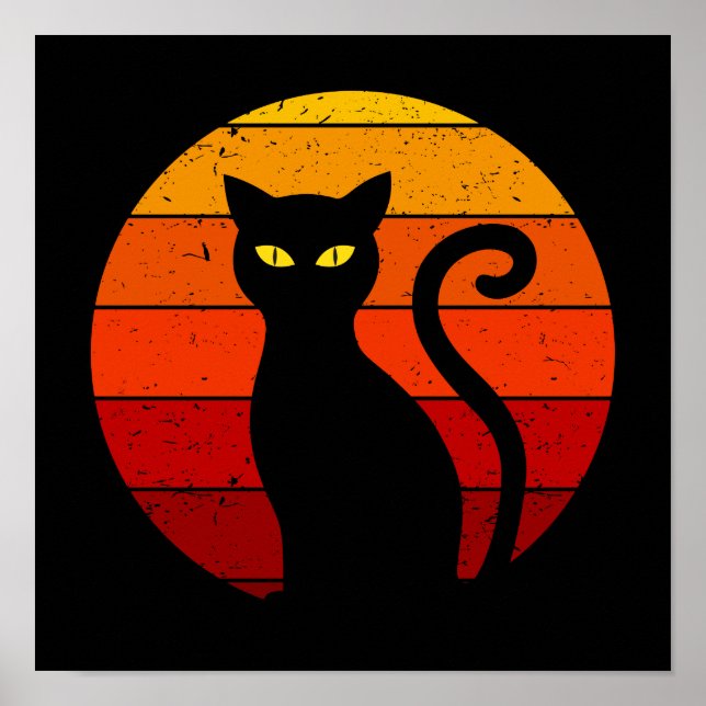 Vintage Retro Sunset Halloween Black Cat I Poster (Front)