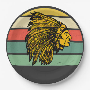 Vintage Retro Sunset Native American Graphic Paper Plate