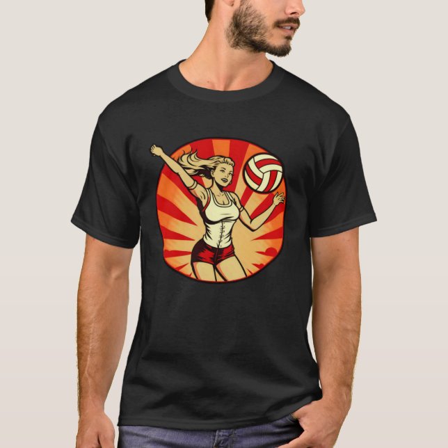 Vintage Retro Sunset Volleyball Player T-Shirt (Front)