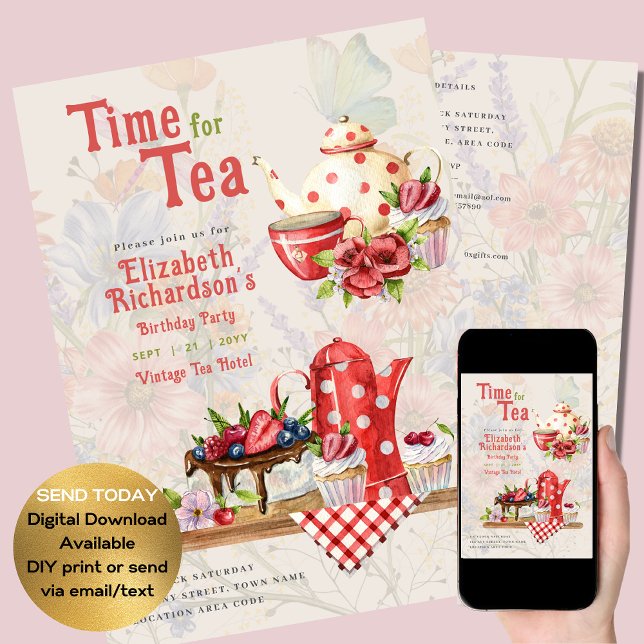 Vintage Retro Tea Party Red Polkadot Birthday      Invitation (Creator Uploaded)