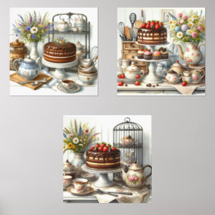 Vintage Retro Tea Time Cake Print Set of 3