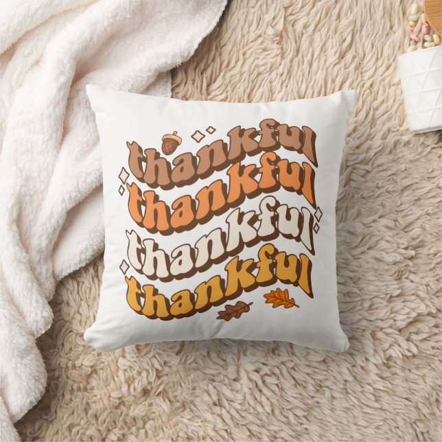 Vintage Retro Thankful Typography Throw Pillow (Blanket)