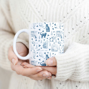 Vintage Retro Toile Pattern Cat Catnip White Blue Coffee Mug