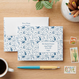 Vintage Retro Toile Pattern Cat Catnip White Blue Envelope