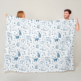 Vintage Retro Toile Pattern Cat Catnip White Blue Fleece Blanket